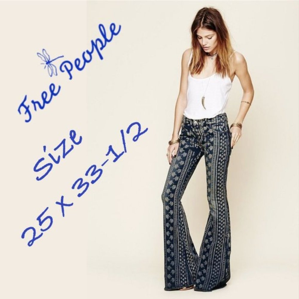 Free People Bali Mantra Indigo Printed Flare Bell Bottoms Dark Rinse 25 NWOT
